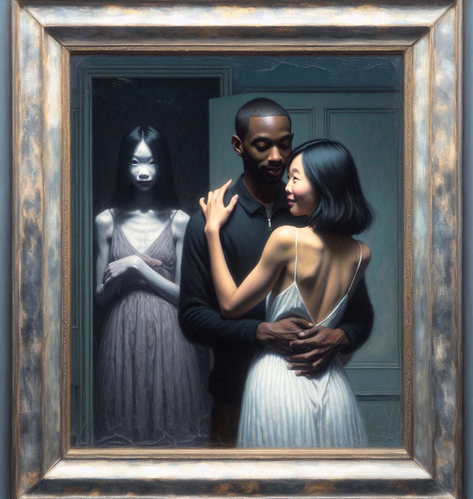 Surreal Artwork of a Couple with Ghostly Figure