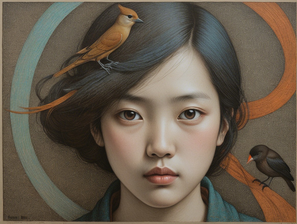 Serene Young Girl with Birds in Warm Colors