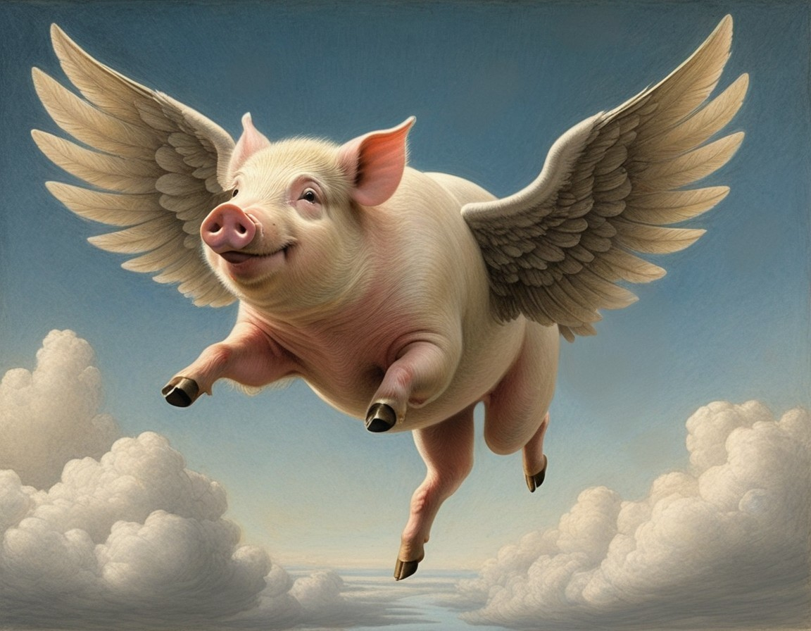 Whimsical Pig with Feathery Wings in Blue Sky