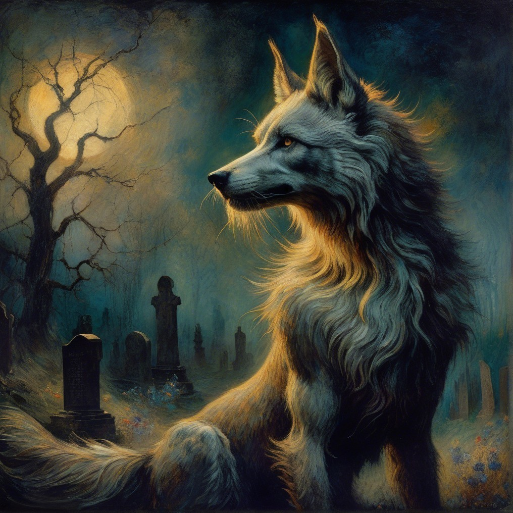 Wolf in Misty Graveyard Under Full Moonlight