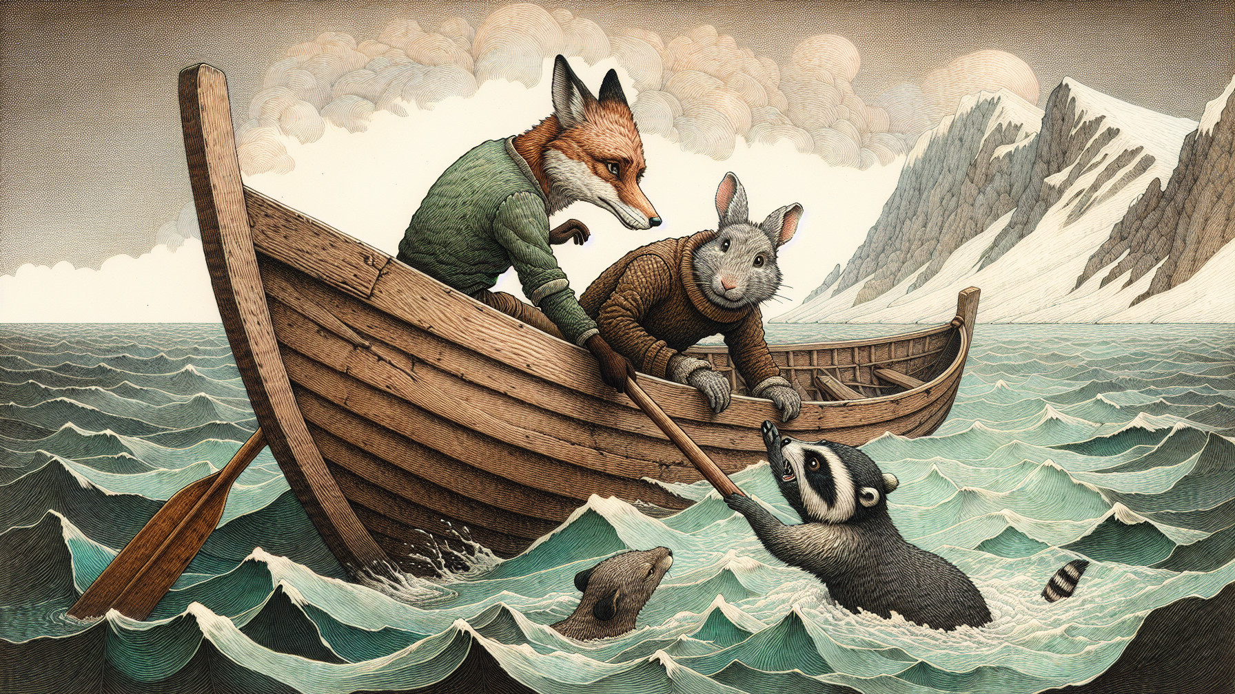 Fox and Rabbit in Sweaters Rescue Raccoon at Sea