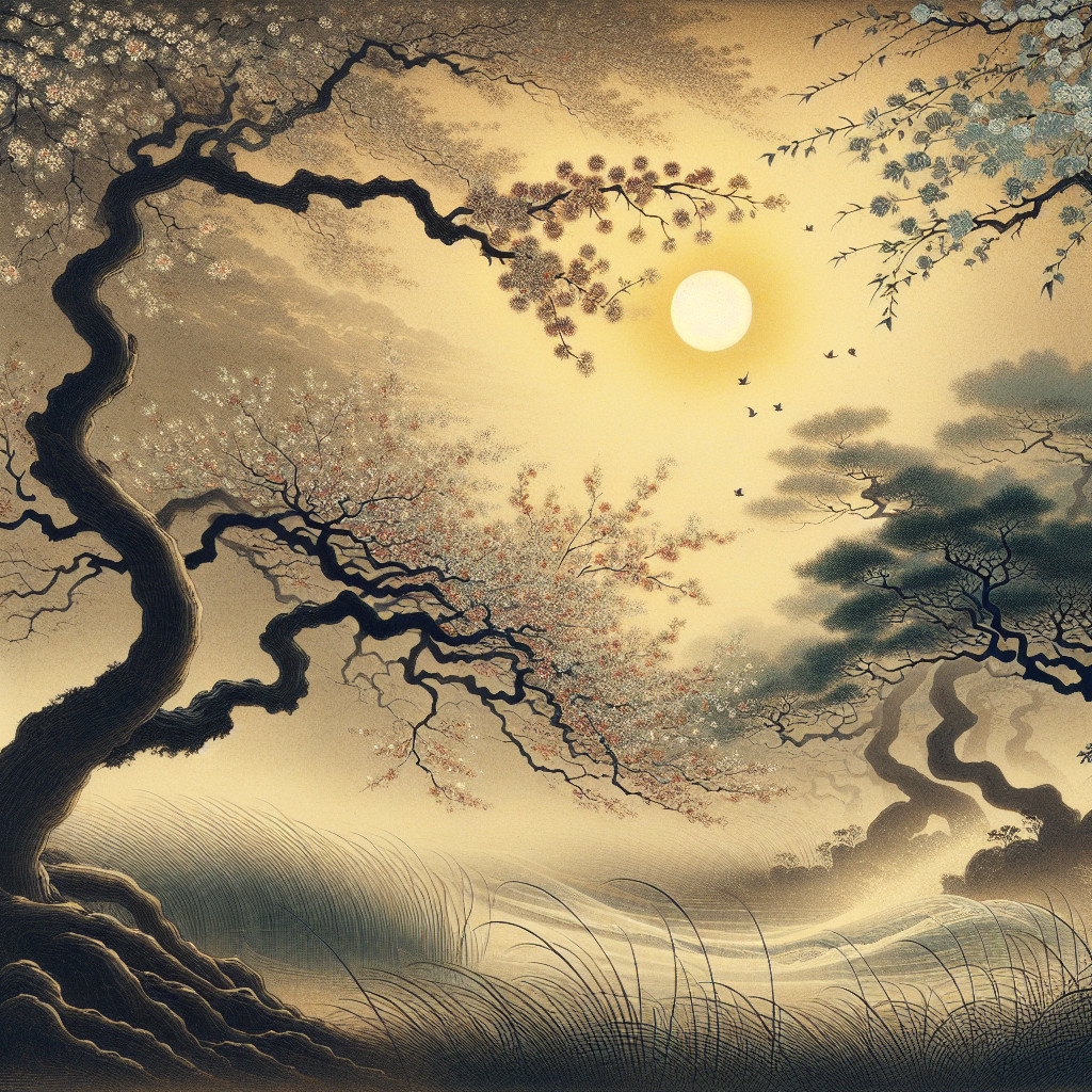 Serene Landscape with Twisted Trees and Blossoms