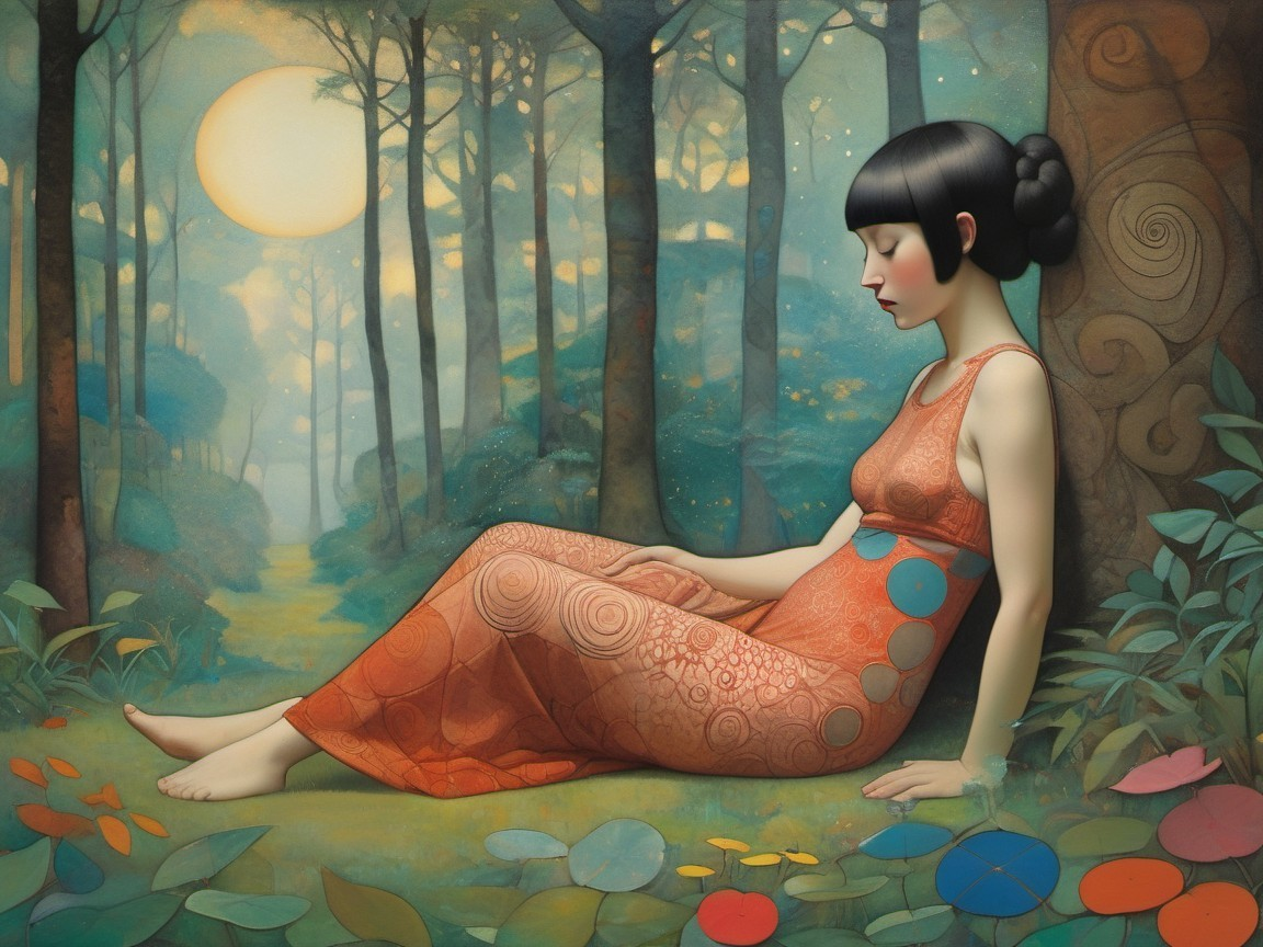 Pregnant Woman in Vibrant Forest with Lush Greenery