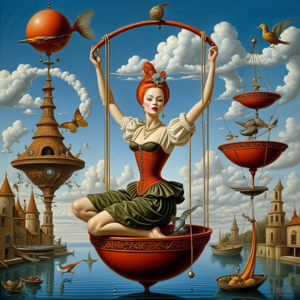 Whimsical Scene of a Woman in a Red Dress on Scales