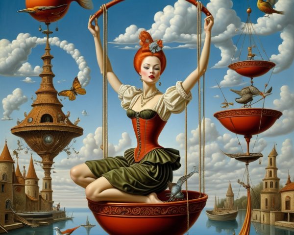 Whimsical Scene of a Woman in a Red Dress on Scales