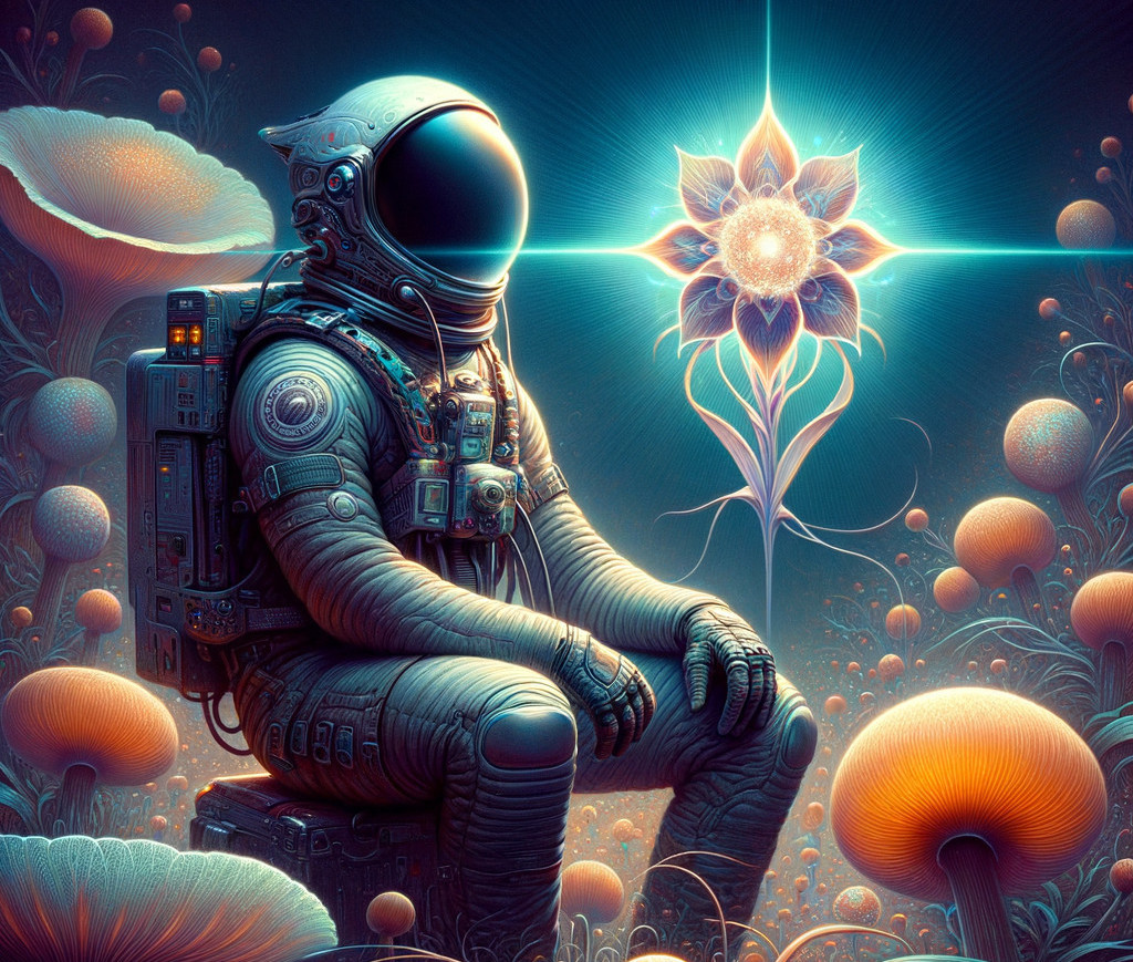 Astronaut in Surreal Landscape with Vibrant Flora