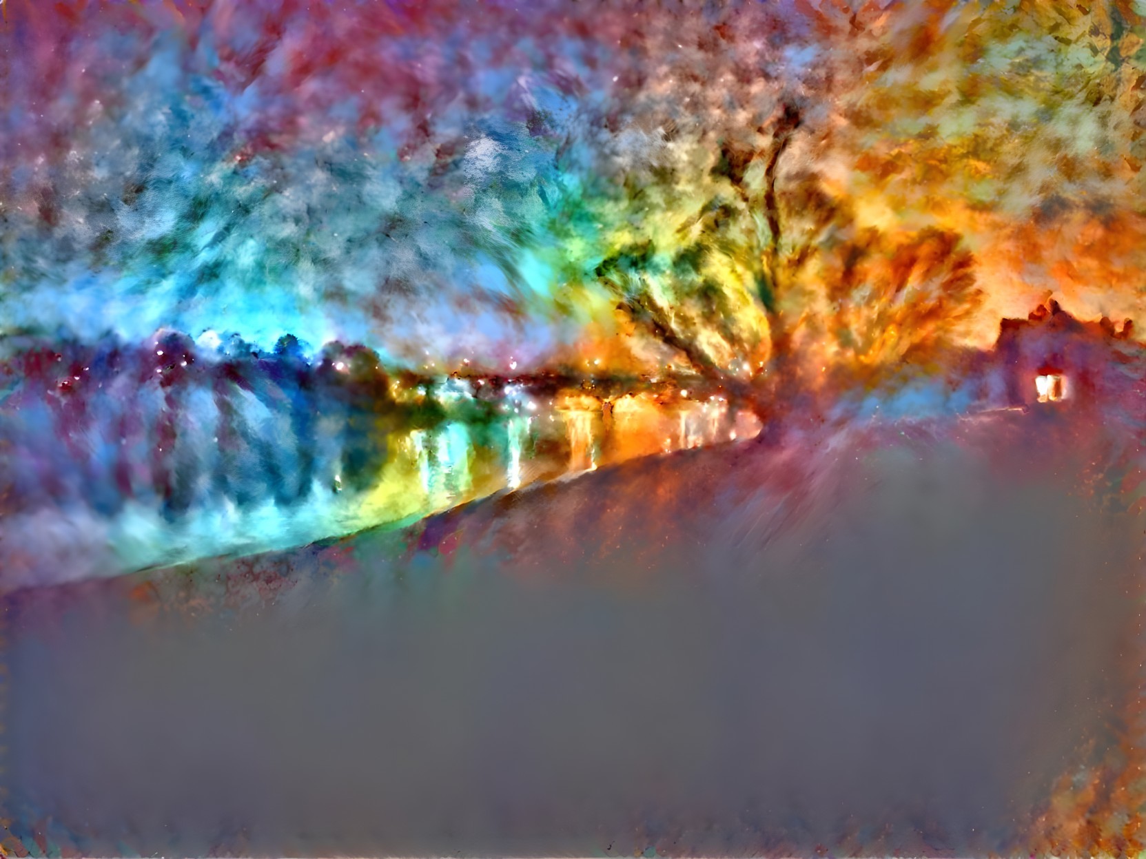 Abstract Riverside Scene at Dusk with Colorful Reflections