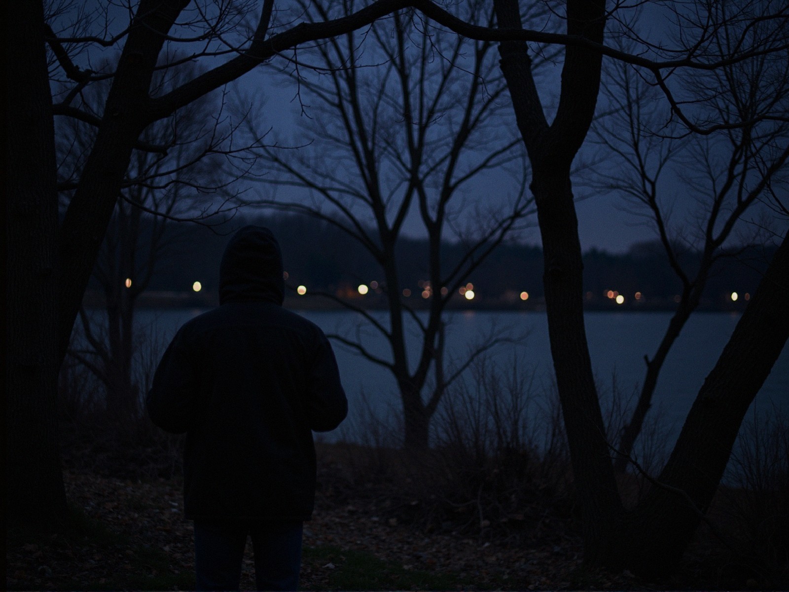 Solitary Figure by Tranquil Water at Dusk