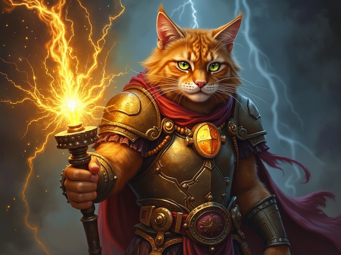 Orange Tabby Cat in Golden Armor with Glowing Staff