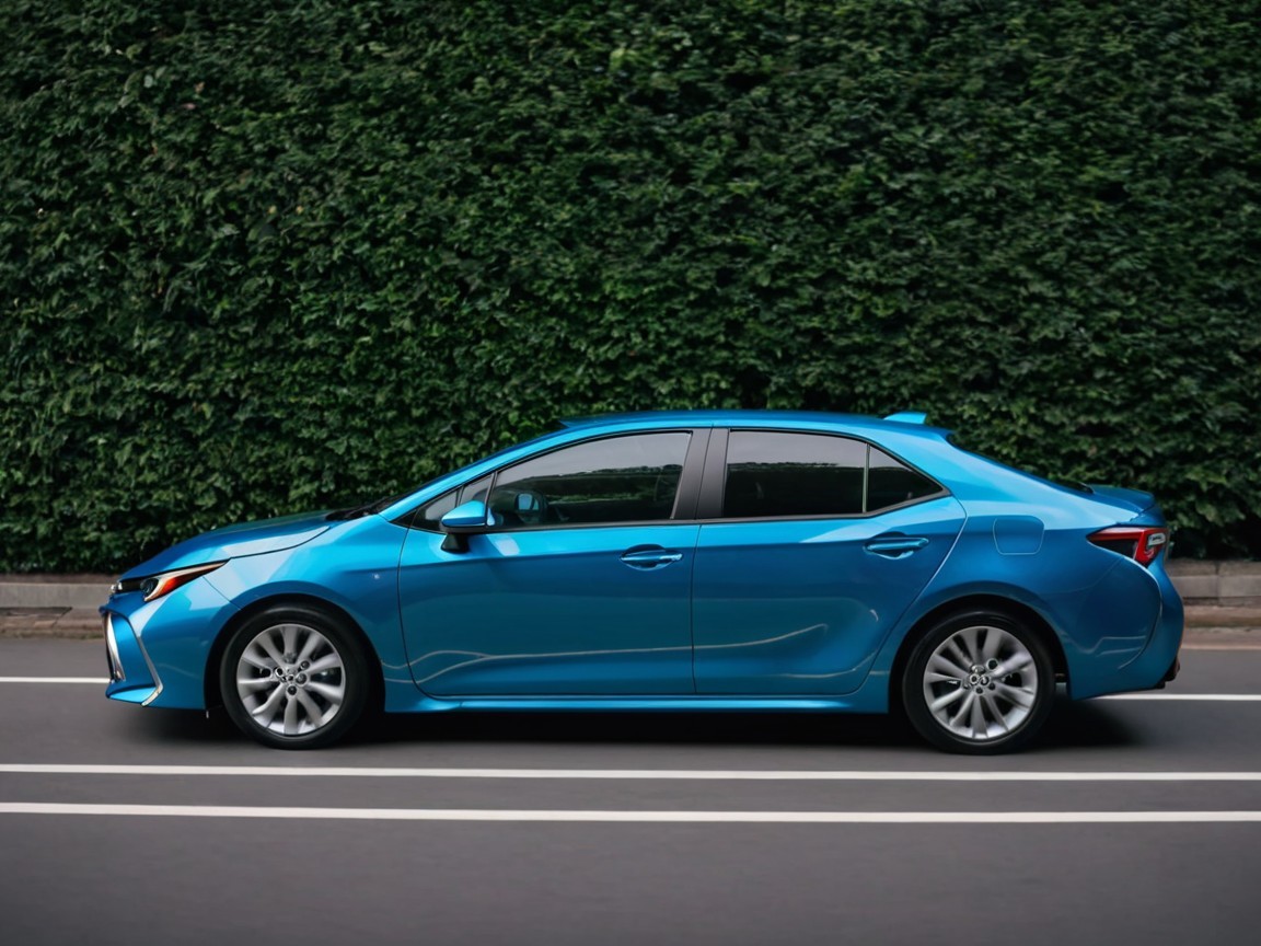 Sleek Blue Sedan on Tree-Lined Road with Green Foliage