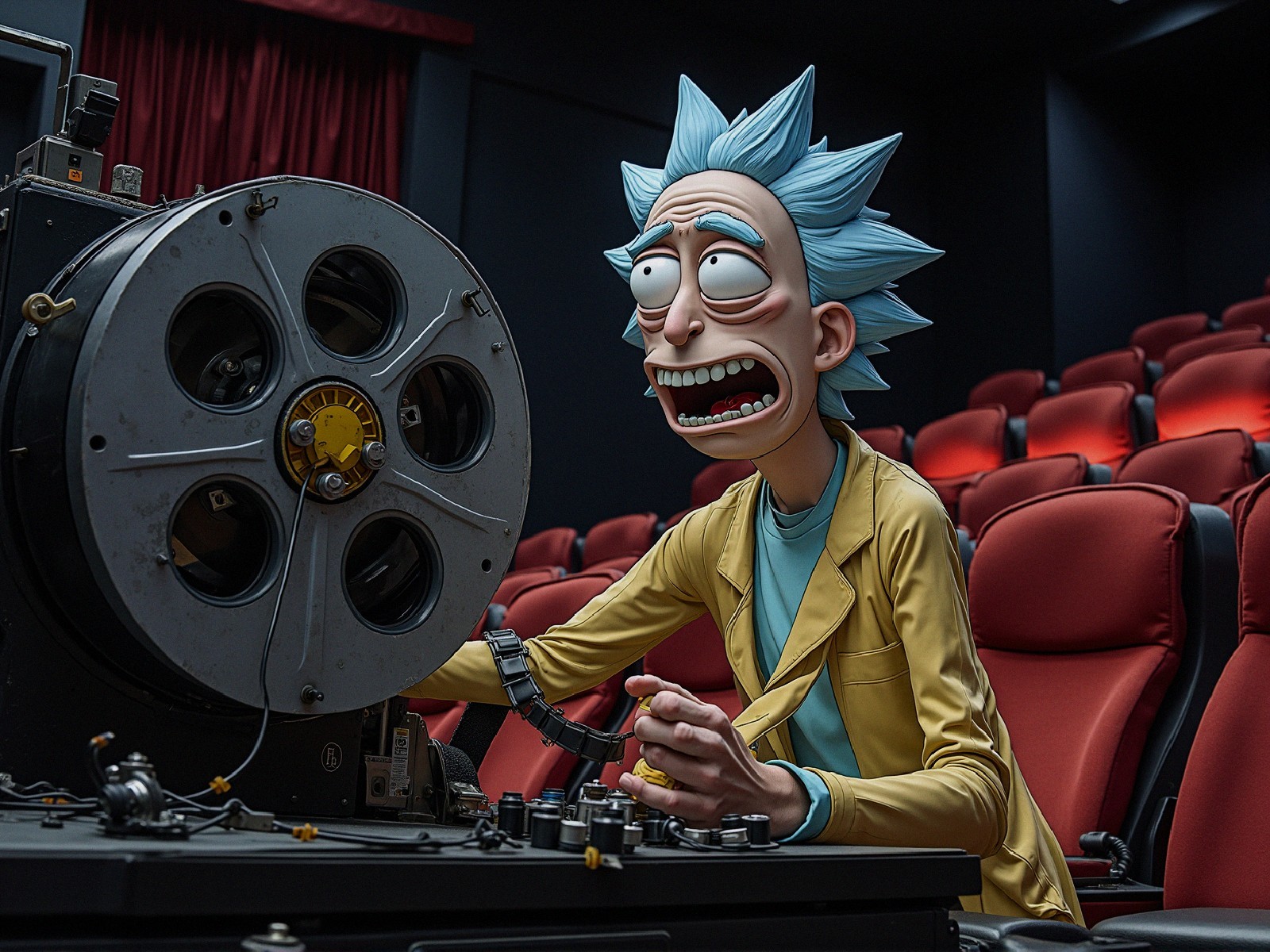 Animated character with blue hair at film projector