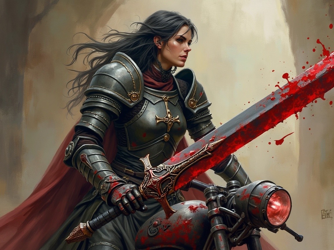 Female Warrior on Vintage Motorcycle with Sword