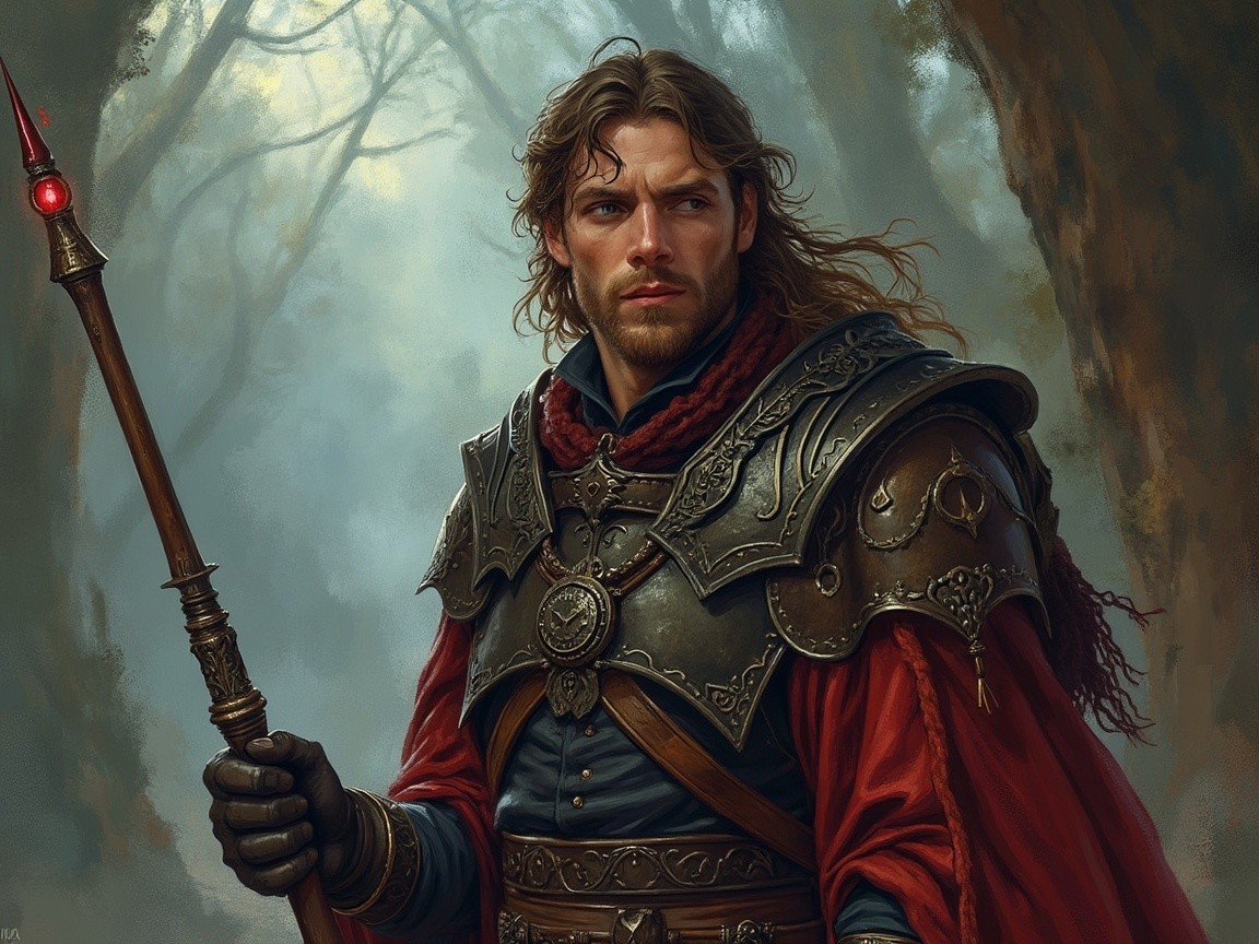 Rugged warrior in misty forest with glowing staff