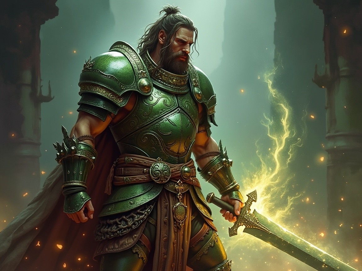 Warrior in Ornate Green Armor with Glowing Sword