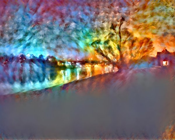 Abstract Riverside Scene at Dusk with Colorful Reflections