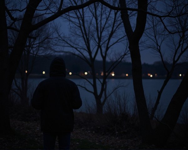 Solitary Figure by Tranquil Water at Dusk