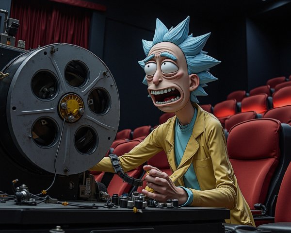 Animated character with blue hair at film projector