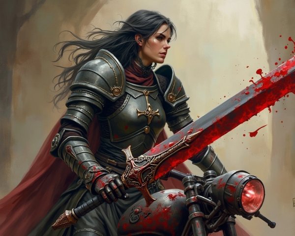 Female Warrior on Vintage Motorcycle with Sword