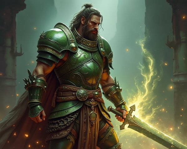 Warrior in Ornate Green Armor with Glowing Sword