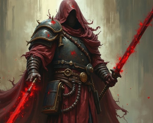 Cloaked Warrior in Dark Armor with Red Swords