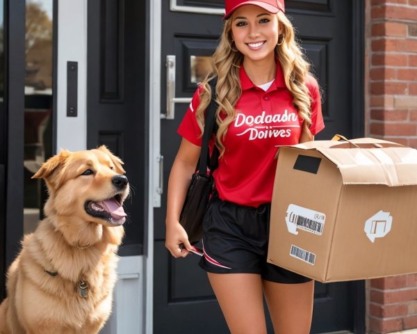 Young Woman with Dog at Home Entrance with Box