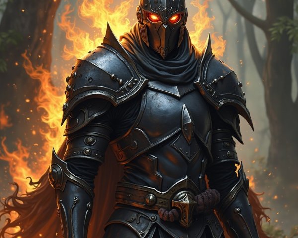 Fierce warrior in dark armor in a mystical forest