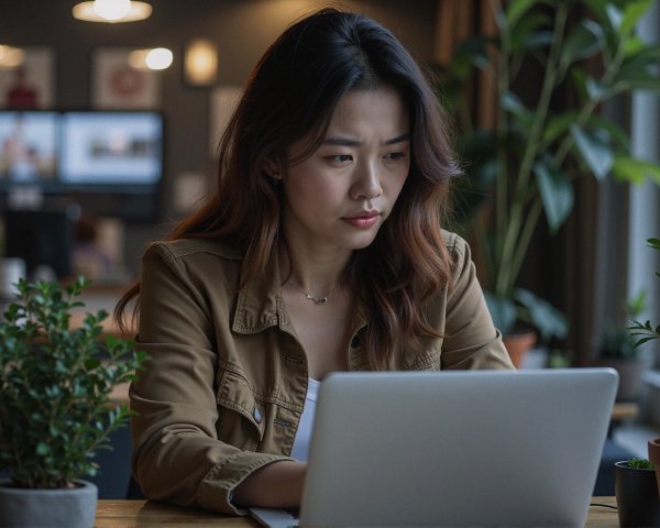Young woman working on laptop in cozy workspace
