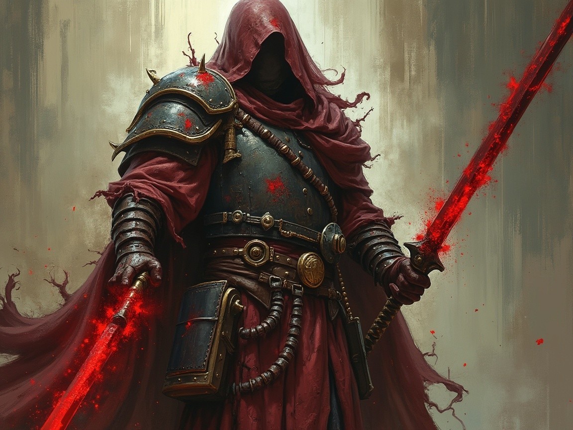 Cloaked Warrior in Dark Armor with Red Swords