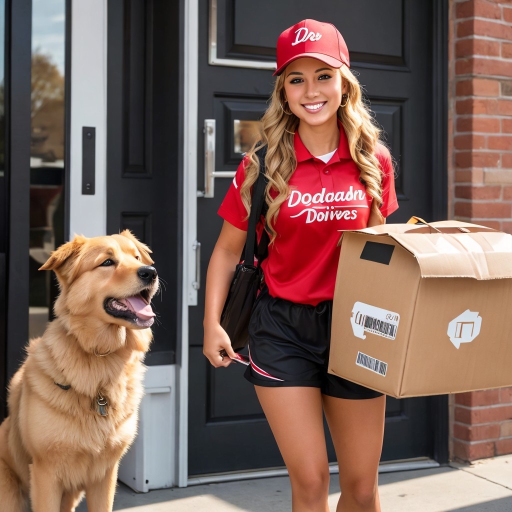 Young Woman with Dog at Home Entrance with Box