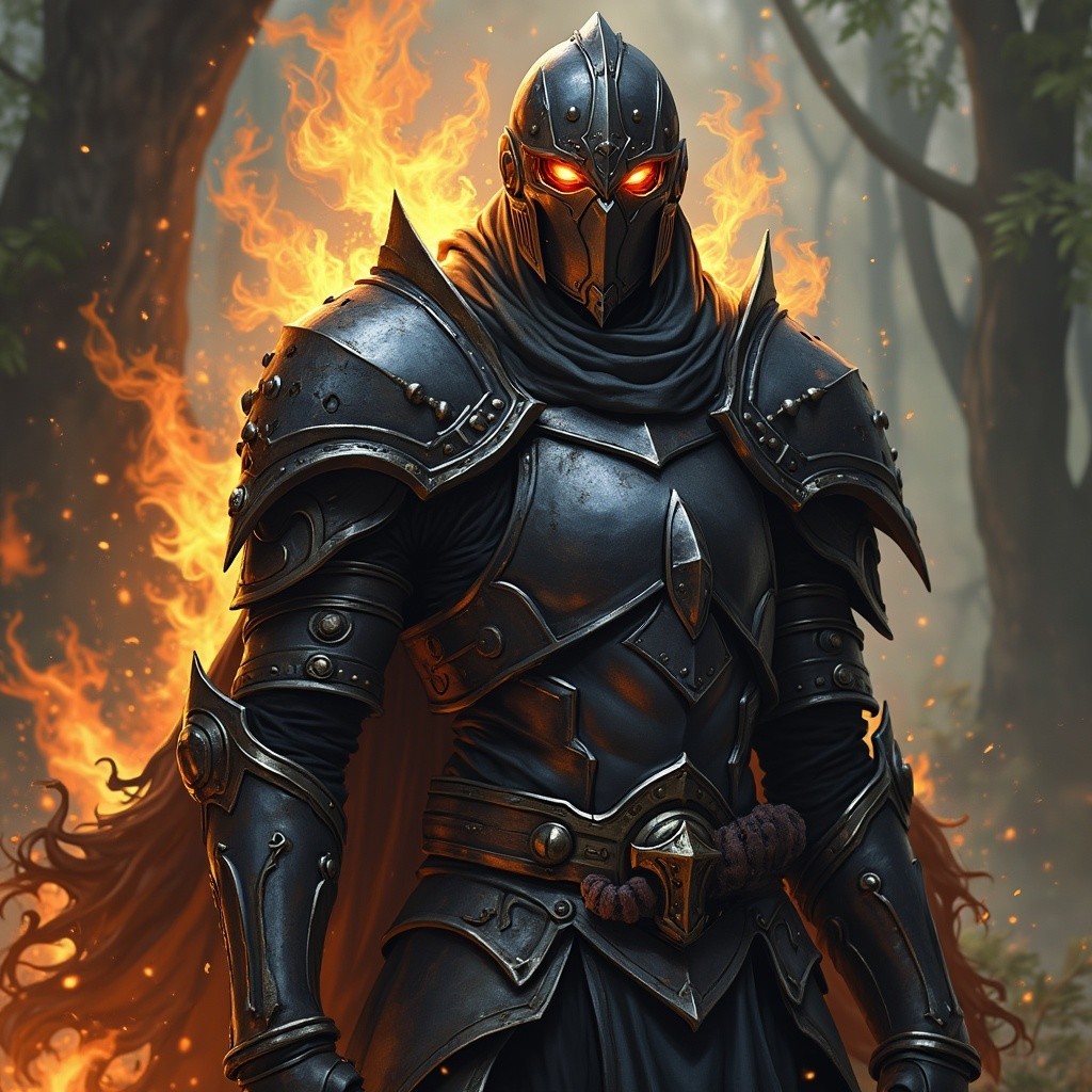 Fierce warrior in dark armor in a mystical forest