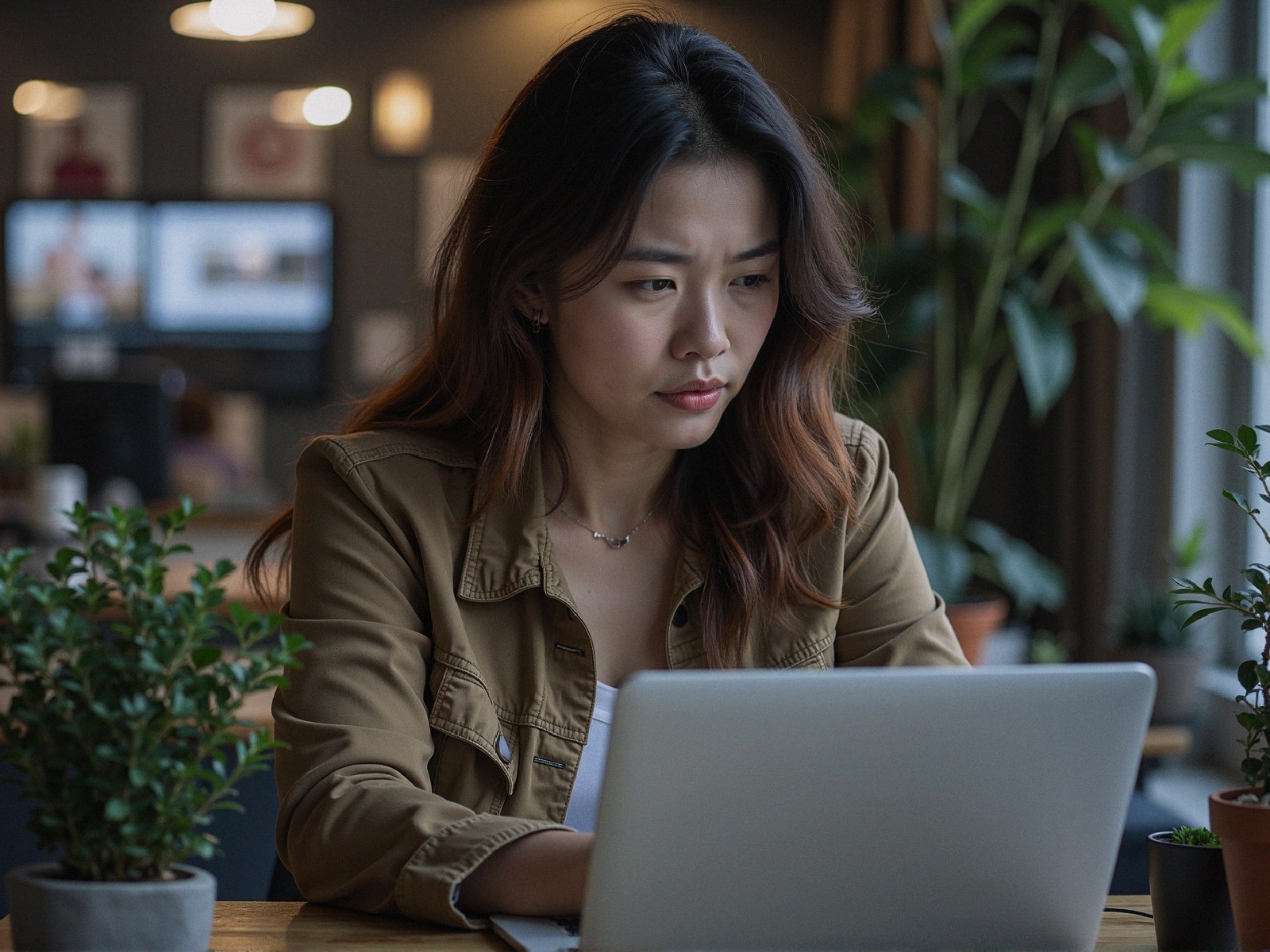 Young woman working on laptop in cozy workspace