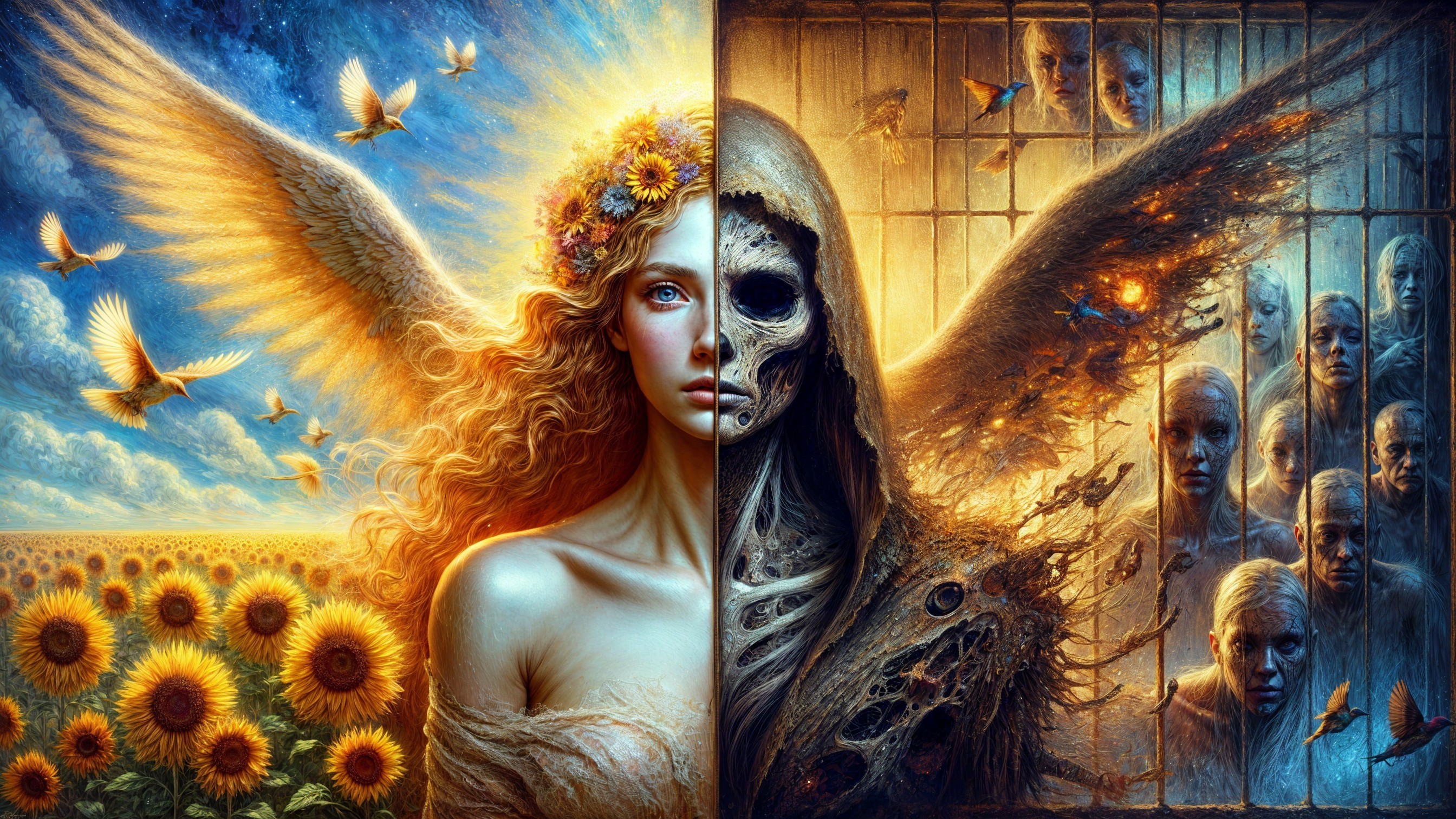 Contrast of Light and Dark in Angelic and Skeletal Figures