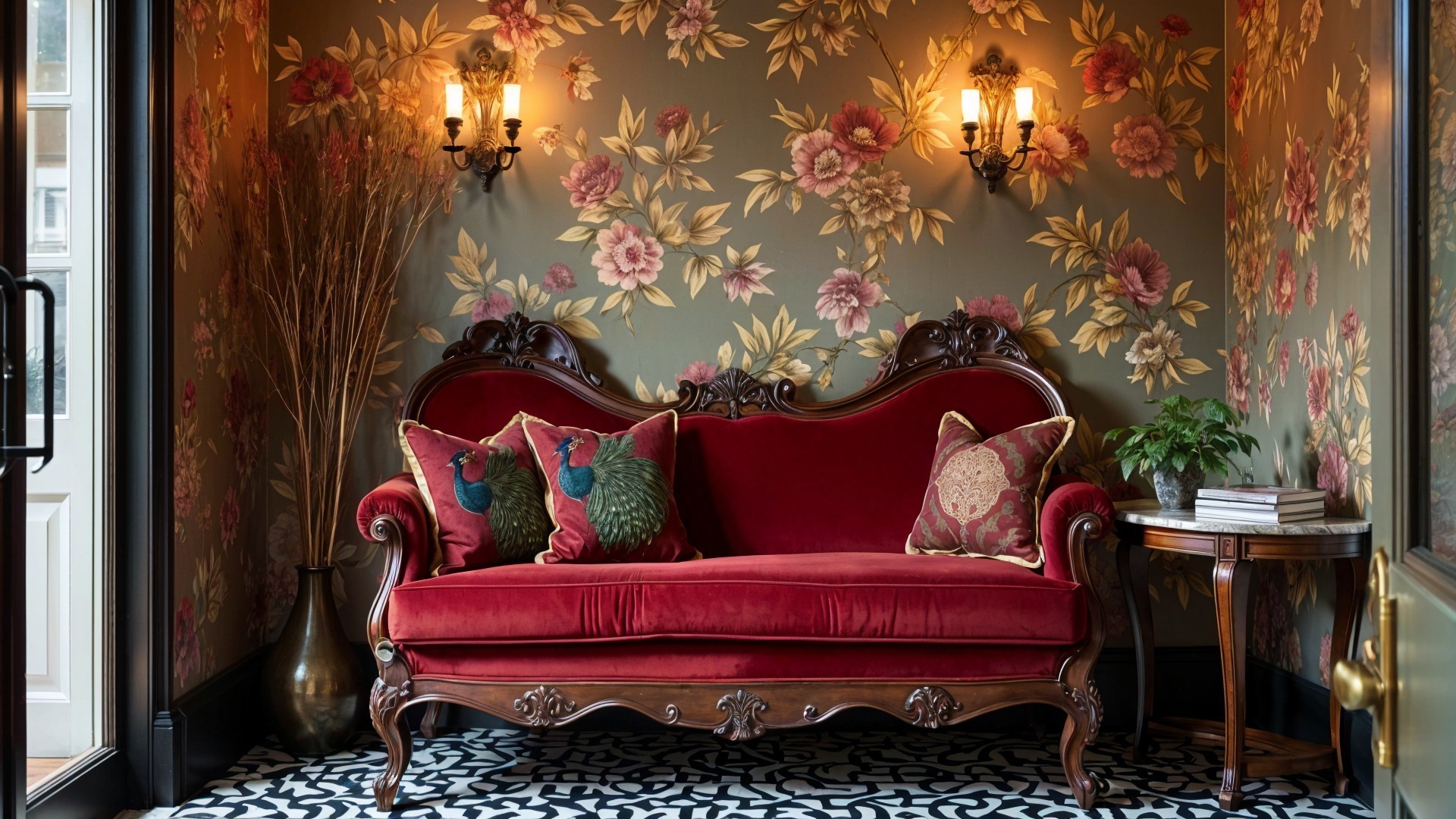 Cozy Room Corner with Floral Wallpaper and Velvet Sofa
