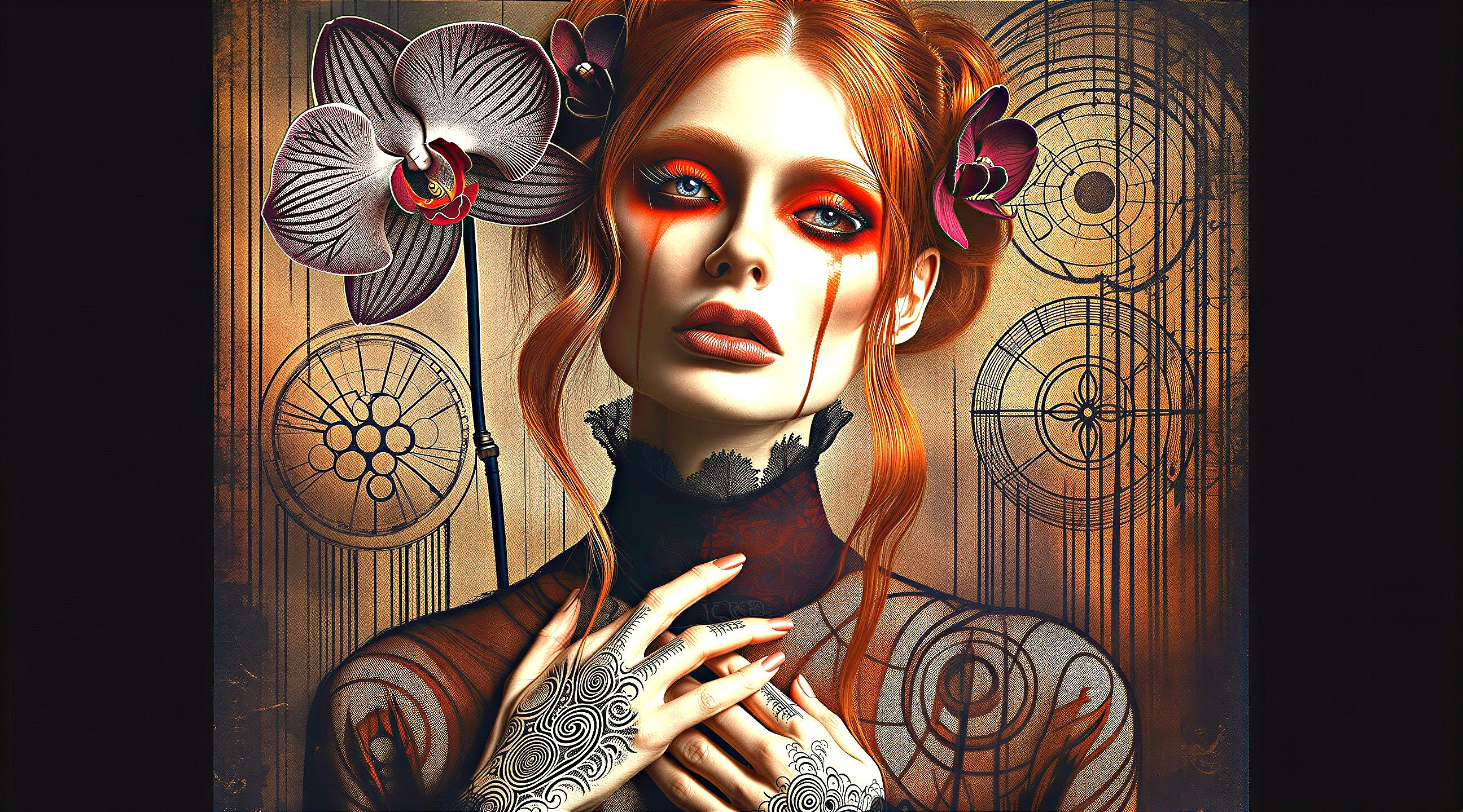 Portrait of a Woman with Red Hair and Dramatic Makeup