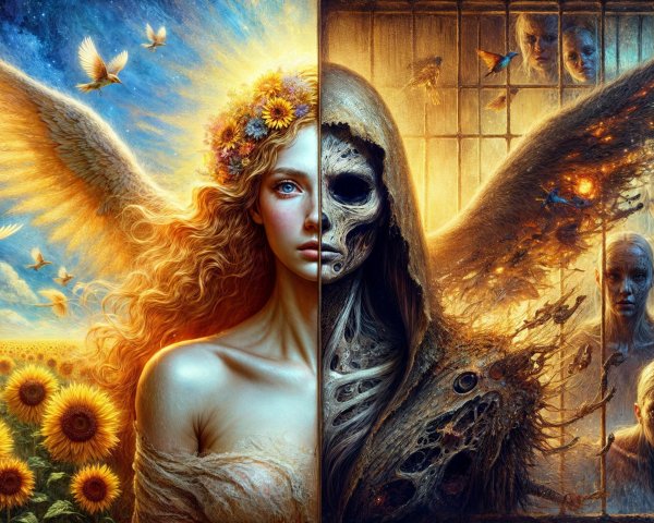 Contrast of Light and Dark in Angelic and Skeletal Figures
