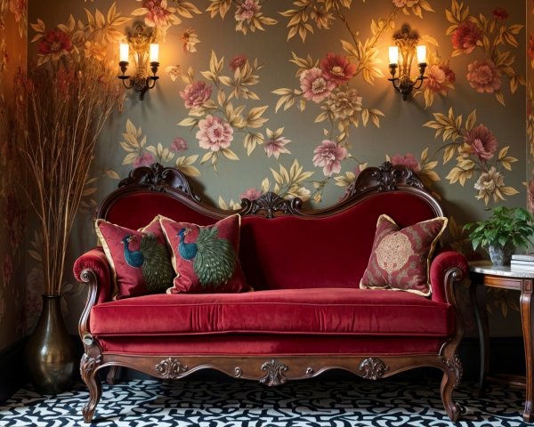 Cozy Room Corner with Floral Wallpaper and Velvet Sofa