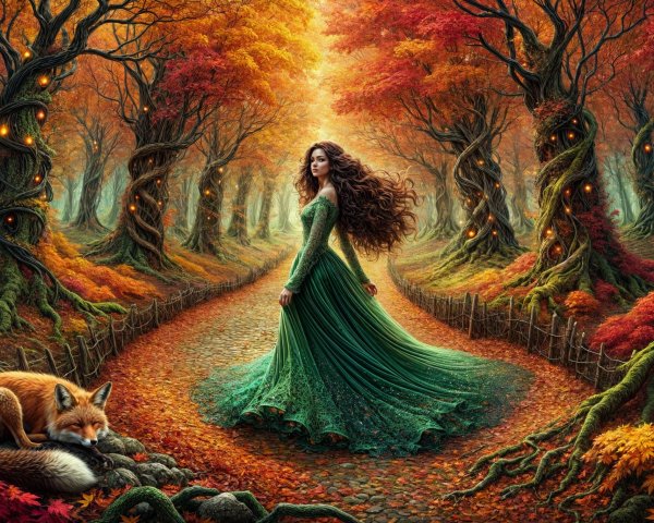 Magical Autumn Forest with Woman in Green Gown