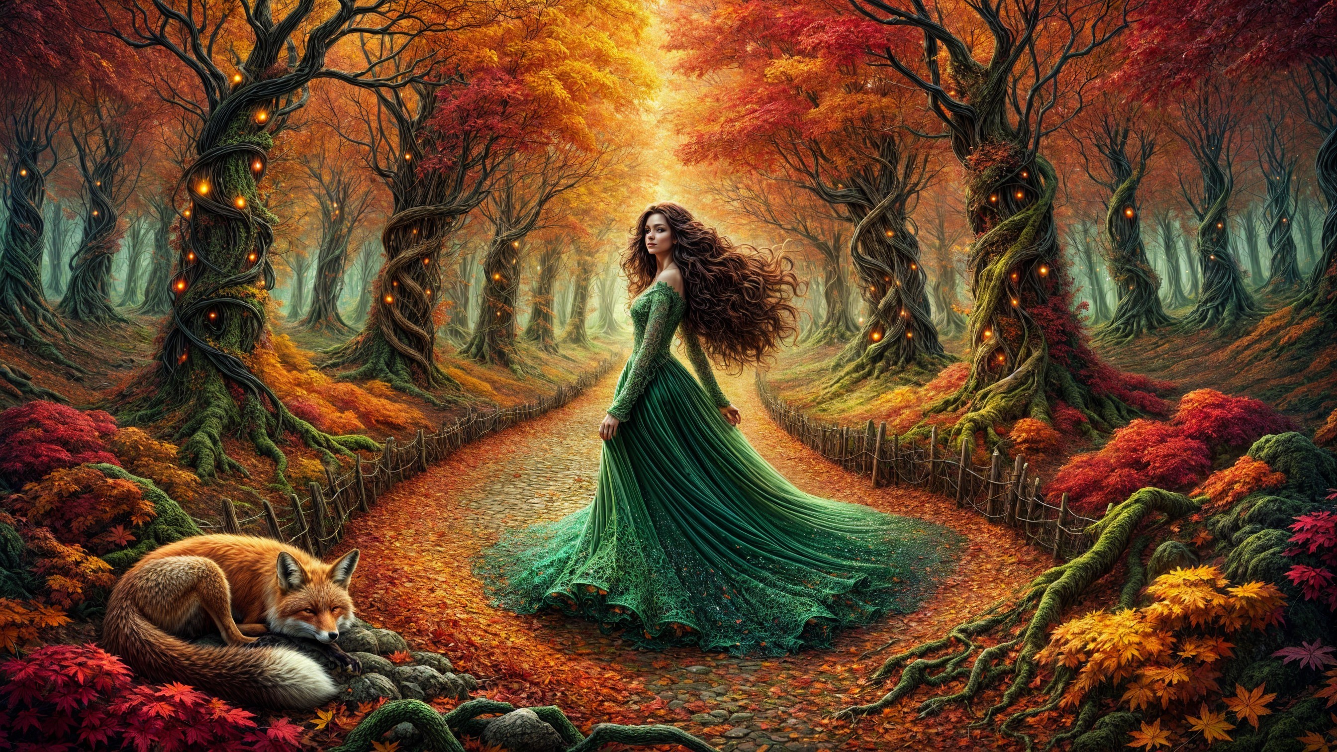 Magical Autumn Forest with Woman in Green Gown