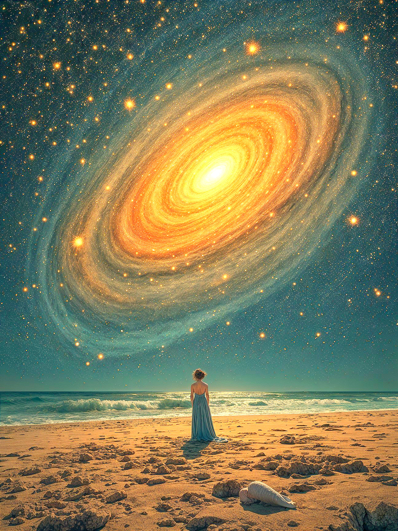 Serene Beach Scene with Galaxy at Dusk