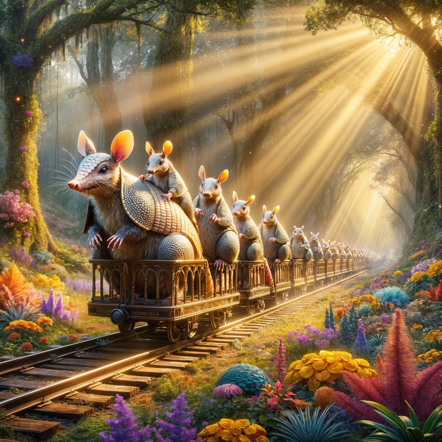 Whimsical Train of Armadillos in Enchanted Forest
