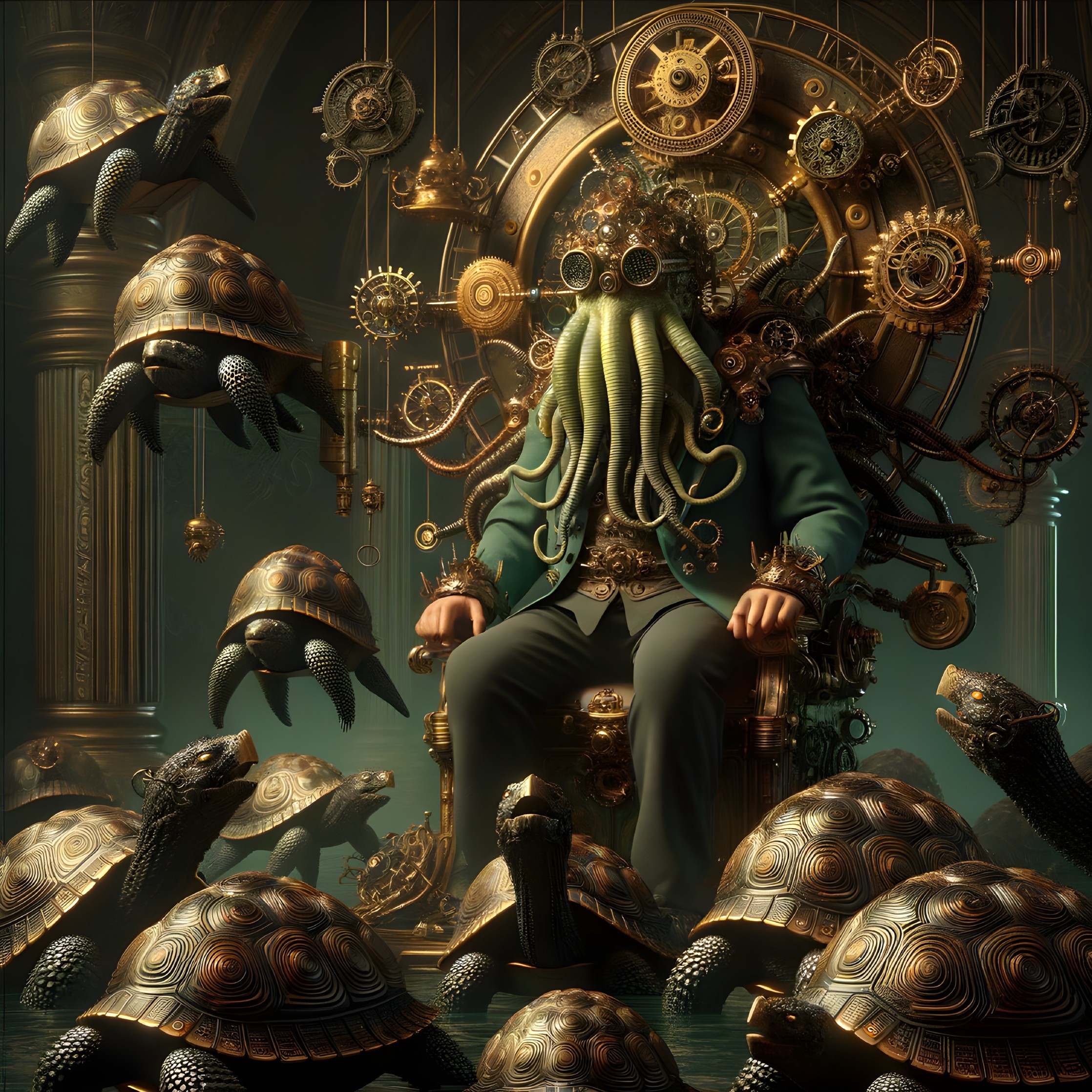 Surreal Steampunk Throne with Tentacled Figure and Turtles