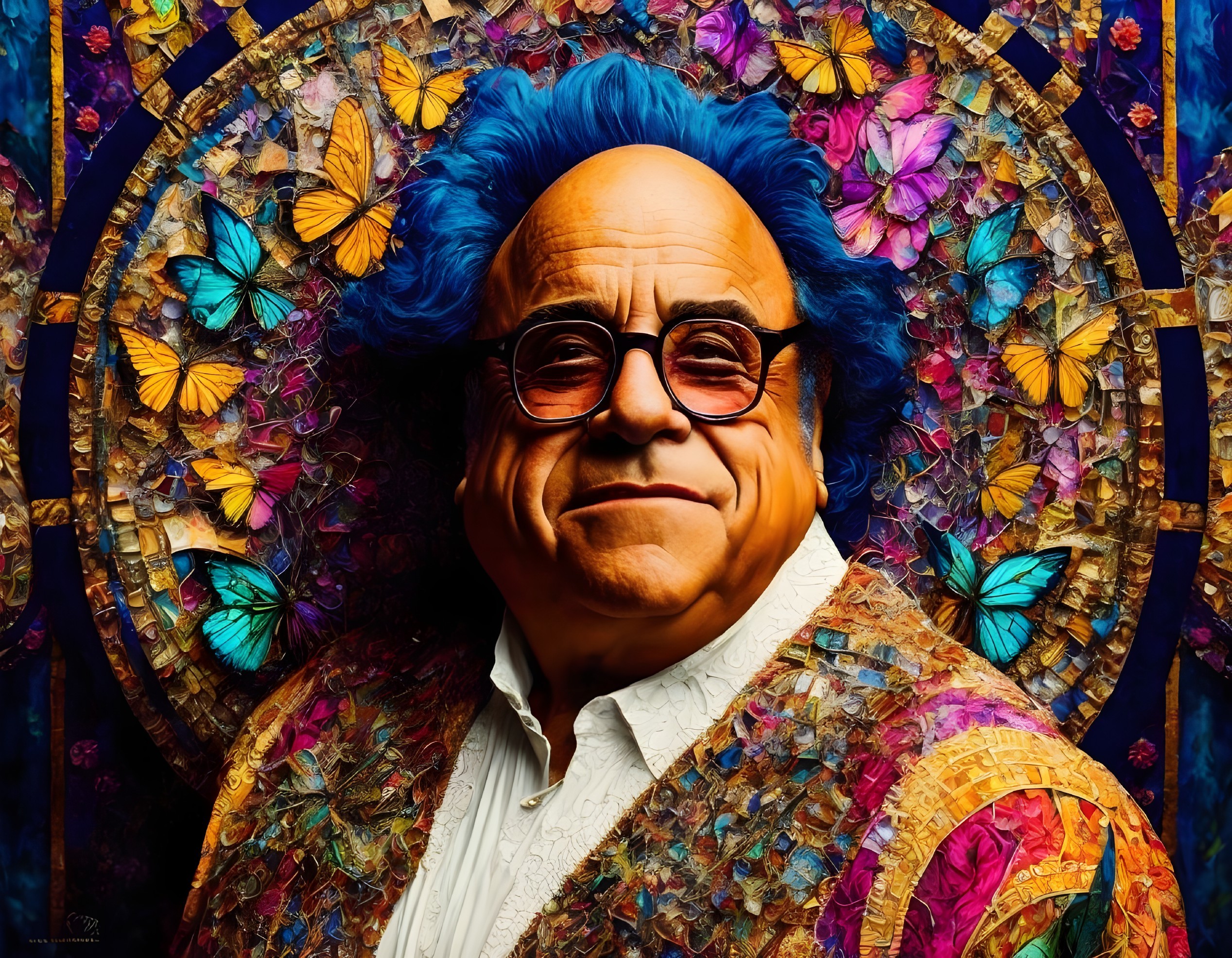 Charismatic figure with blue hair in vibrant setting