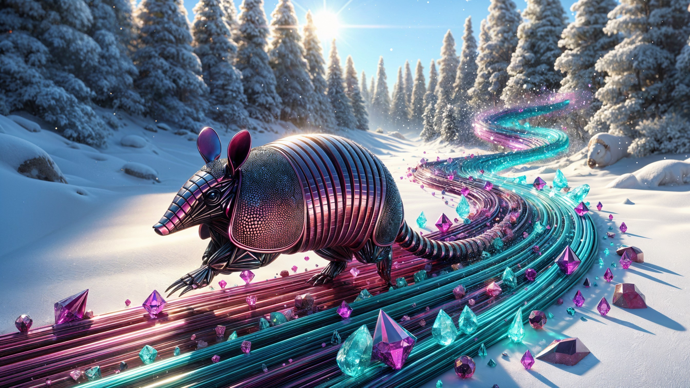 Metallic Armadillo in a Snowy, Gem-Laden Landscape