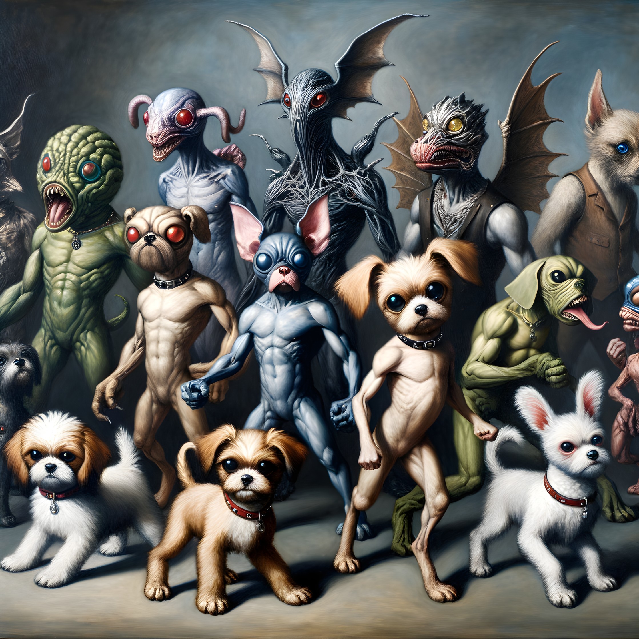 Surreal Gathering of Mythical Creatures and Dogs