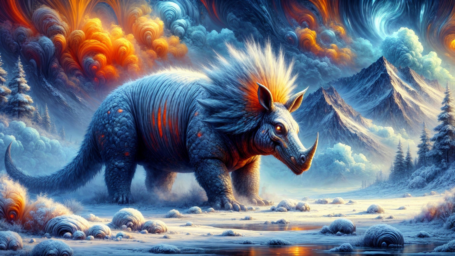 Prehistoric Rhinoceros-like Creature in Surreal Landscape
