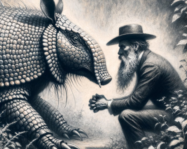 Monochromatic Scene of Man and Armadillo Interaction
