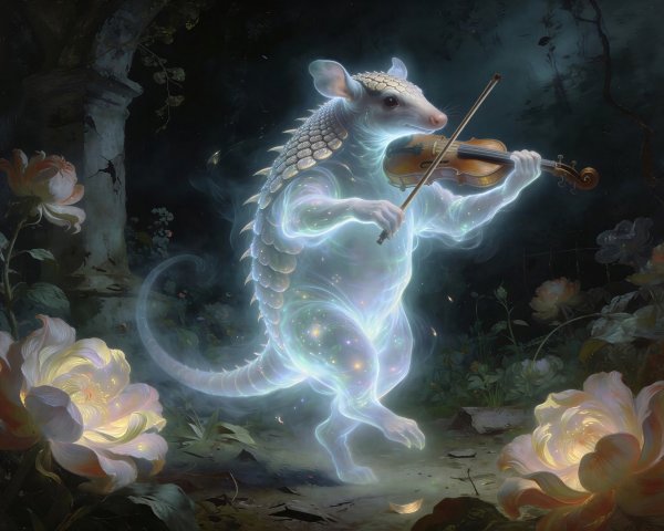 Ethereal Pangolin Creature Playing Violin in Garden