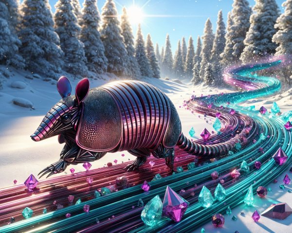 Metallic Armadillo in a Snowy, Gem-Laden Landscape