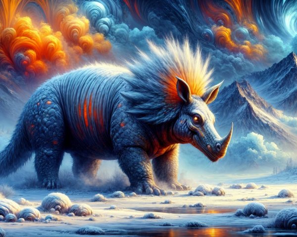 Prehistoric Rhinoceros-like Creature in Surreal Landscape