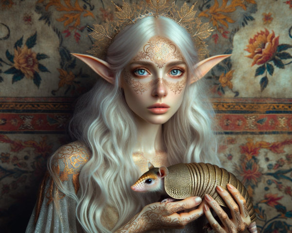 Mystical Figure with Floral Background and Armadillo